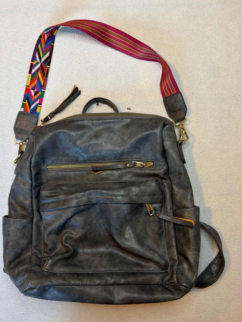 Leather-Effect Black Women's Backpack with Multicolor Strap